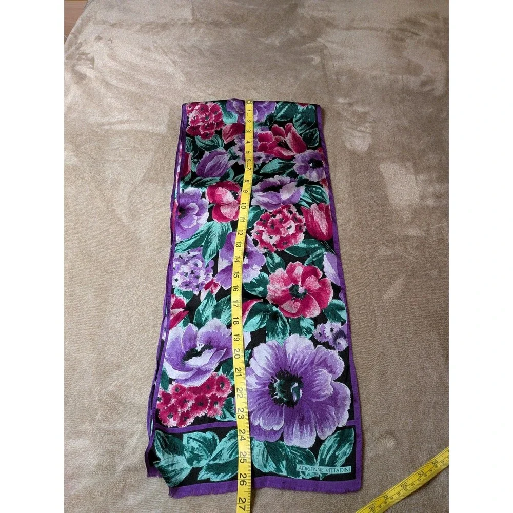 Adrienne Vittadini Floral Scarf Purple Pink Green Black Silky 11x53 Vintage